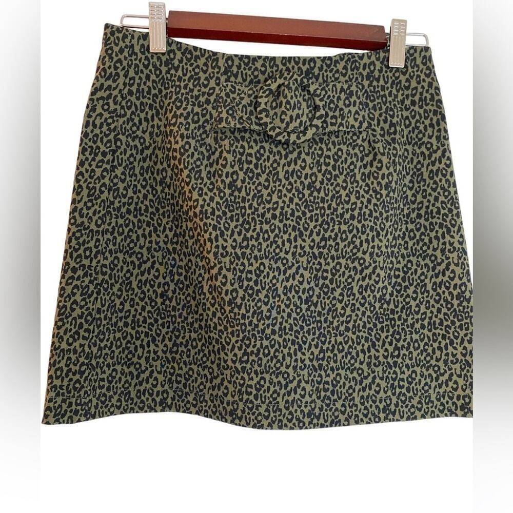 Takara Green Leopard Mini Skirt with Buckle Faux Belt Stretch Zip Up